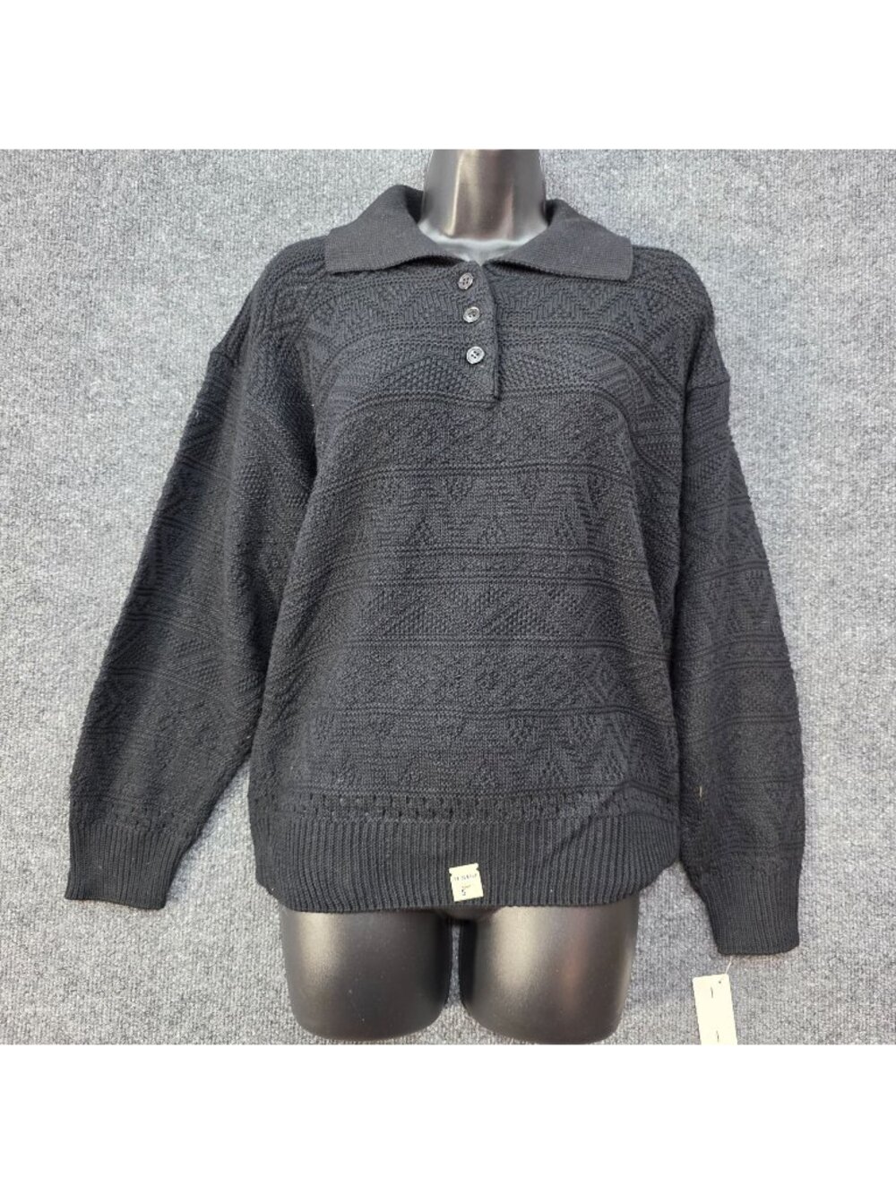 80s Vintage College Point Textured Knit Polo Sweater S Black USA Preppy Academia